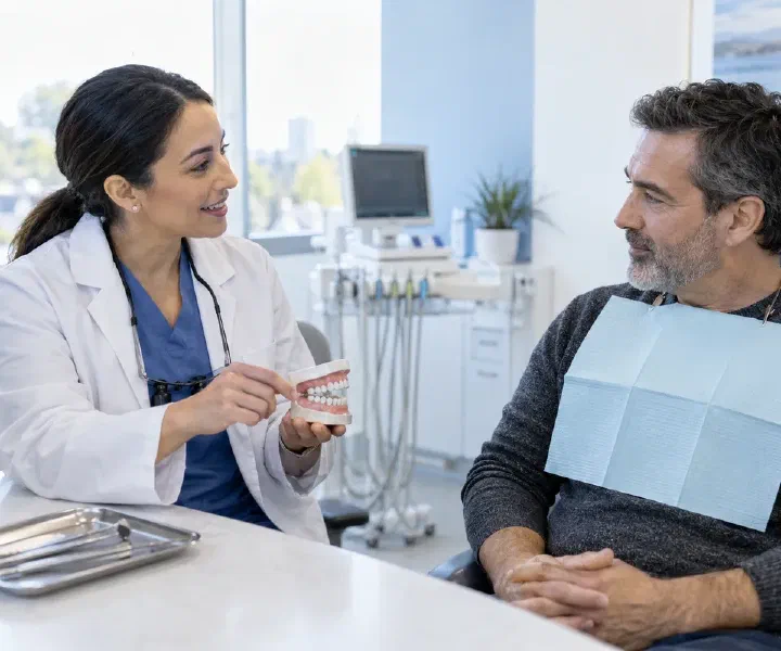 A dentist explaining urgent treatment choices to an adult patient