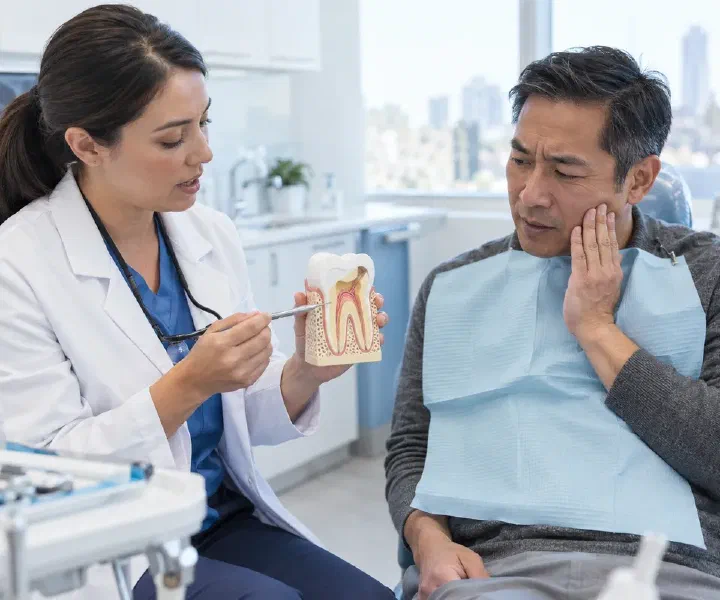 A dentist explaining urgent root canal care with a tooth-interior model