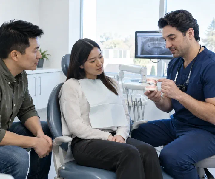 A dentist explaining an urgent tooth removal plan to a patient and companion