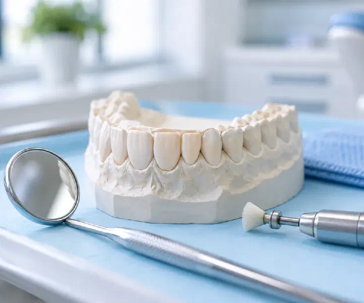 A dental cast showing front-tooth edges beside professional polishing instruments