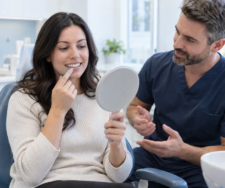 A patient using a hand mirror while discussing the limits of enamel reshaping