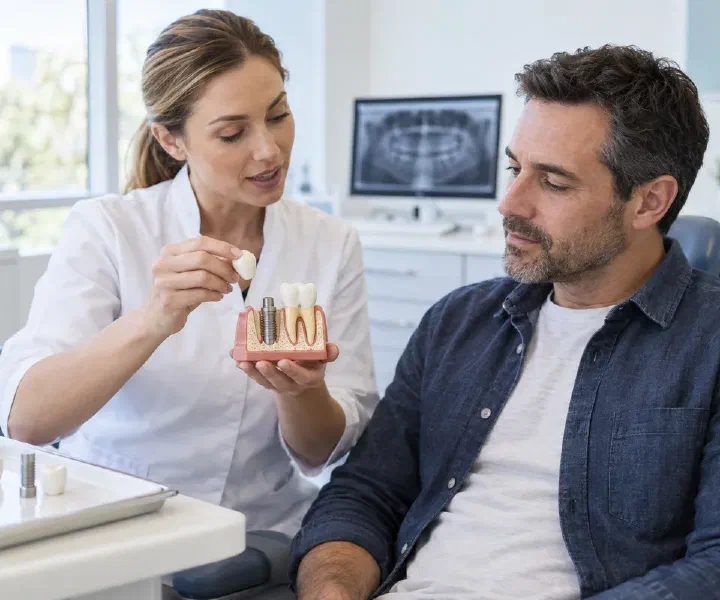 A dentist explaining extraction and implant timing with a jaw model