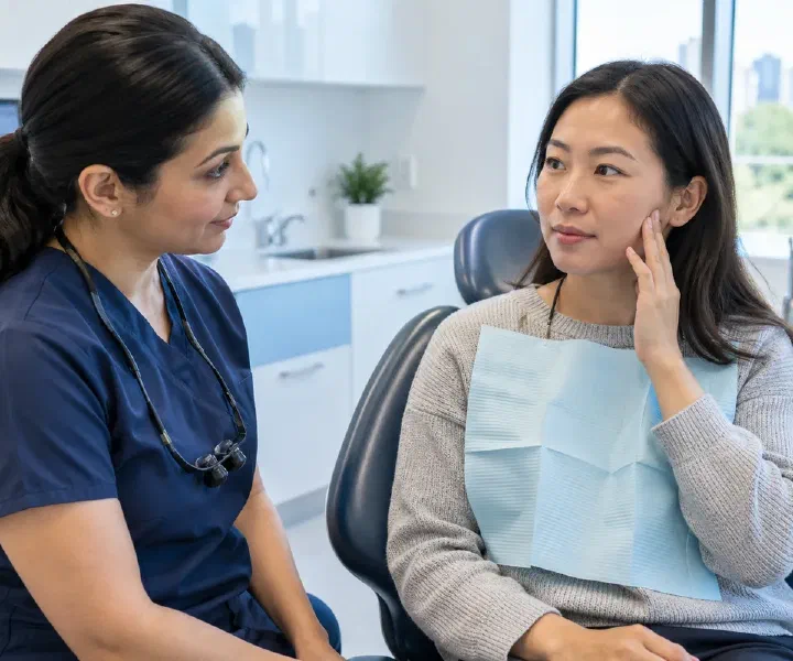 A patient indicating facial muscle discomfort while a dentist listens