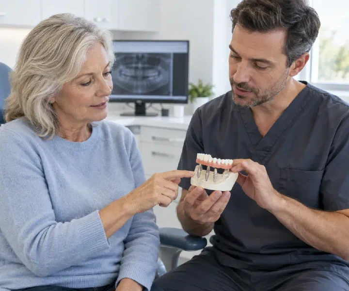 A dentist and older patient reviewing a fixed full-arch implant restoration model