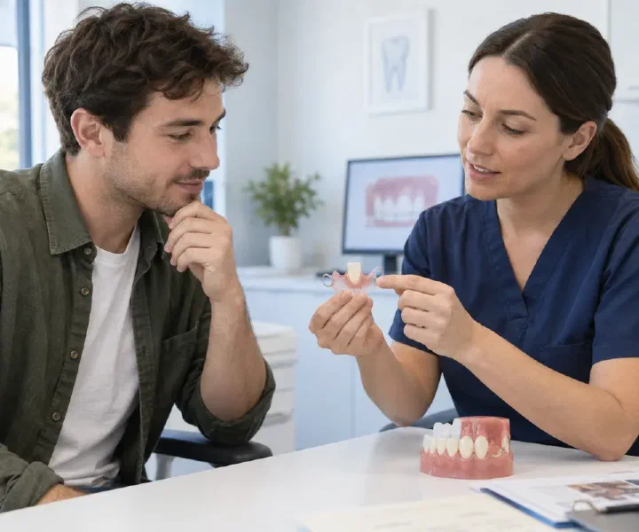 A dentist showing a small removable temporary front-tooth appliance to a patient
