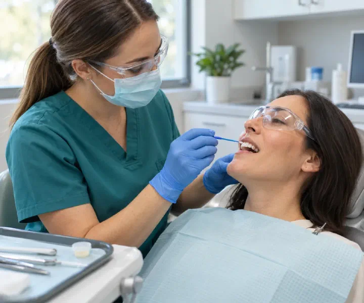 A hygienist wearing gloves and protective eyewear applying fluoride varnish with a microbrush