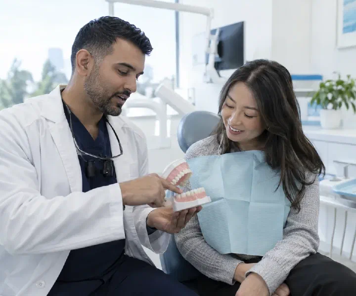 A dentist discussing a mouth model and functional tissue assessment with an adult patient