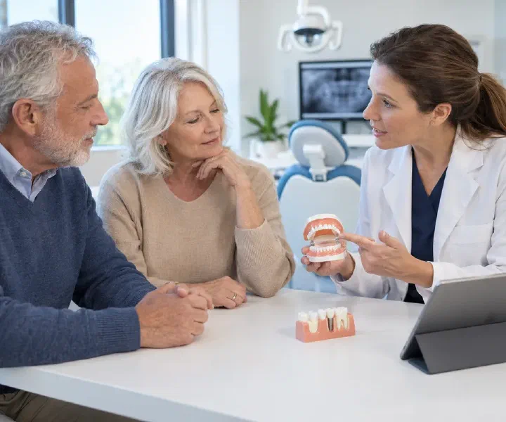 A dentist discussing coordinated restorative care with an older couple