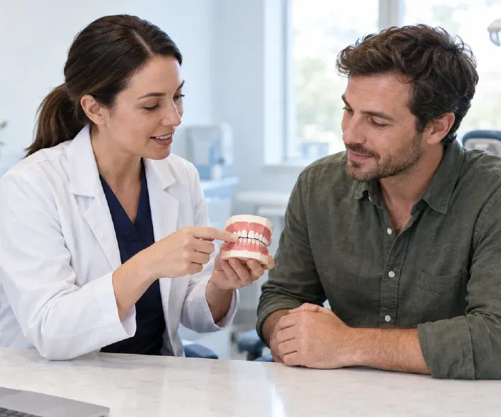 A dentist demonstrating a front-tooth space on a dental model to a patient