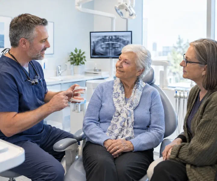 An older patient and chosen companion discussing dental comfort with a listening dentist