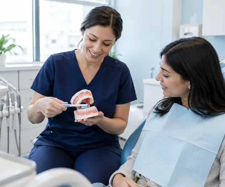 A hygienist demonstrating gentle gumline brushing with a model to a patient