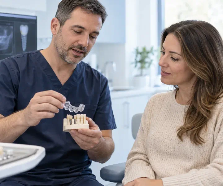 A dentist demonstrating a transparent surgical guide on a jaw model