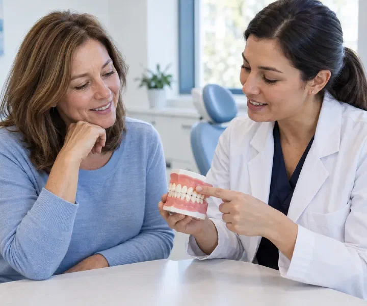 A dentist showing the gumline of a dental model during a patient consultation