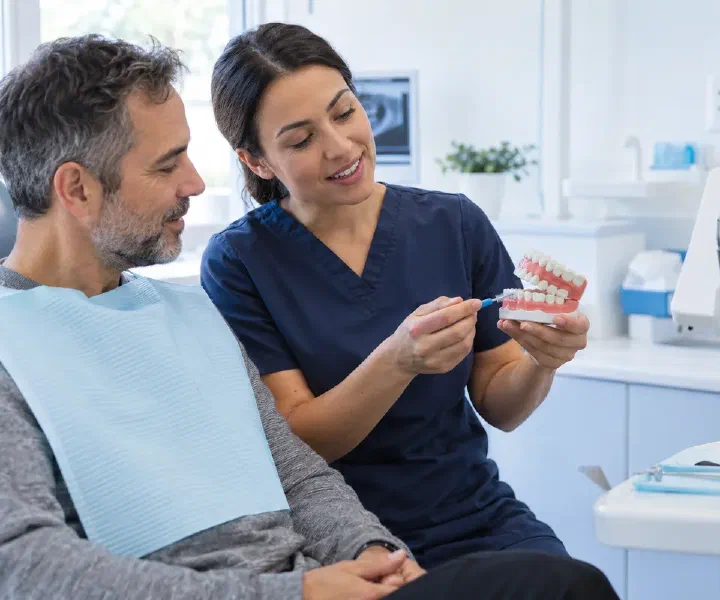 A dental professional demonstrating interdental cleaning on a model for a patient