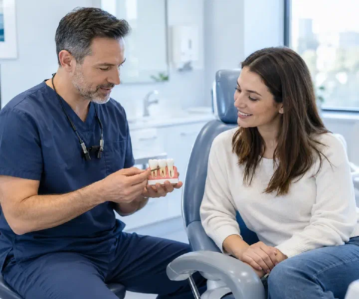 A dentist discussing exposed root coverage and gum tissue options using a model