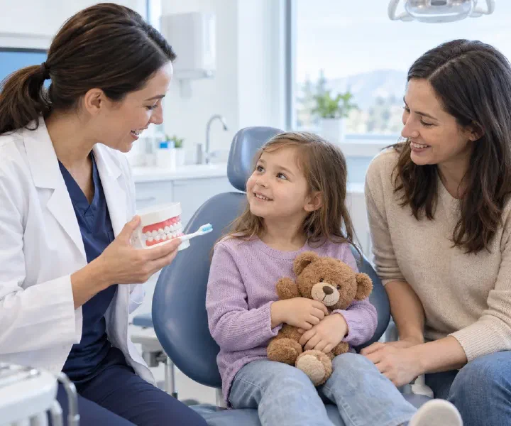 A dentist having a supportive habits conversation with a child and parent