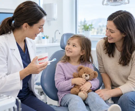 A dentist having a supportive habits conversation with a child and parent