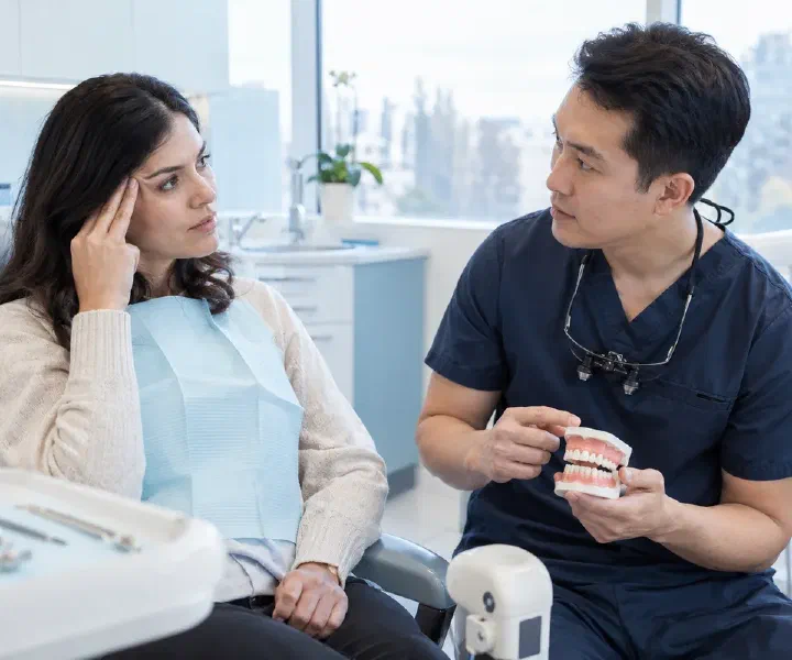 A patient describing temple discomfort and jaw tension to a dentist