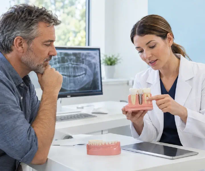 A dentist and patient discussing implant placement timing with a jaw model