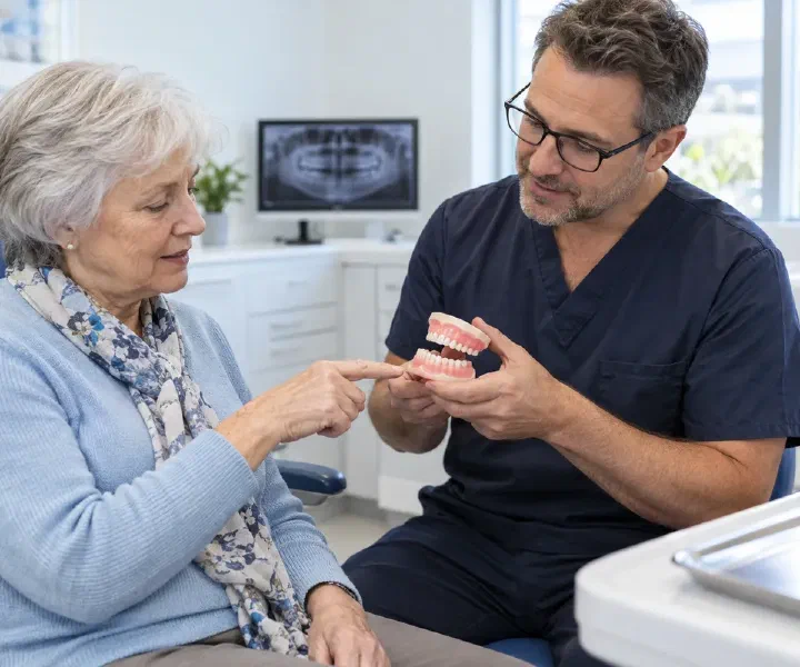 A dentist and older patient reviewing an immediate denture before planned treatment