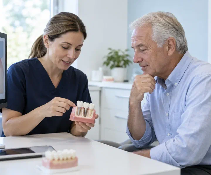 A dentist and older patient examining an implant-supported bridge model