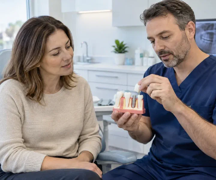 A dentist demonstrating a crown over an implant model to a patient