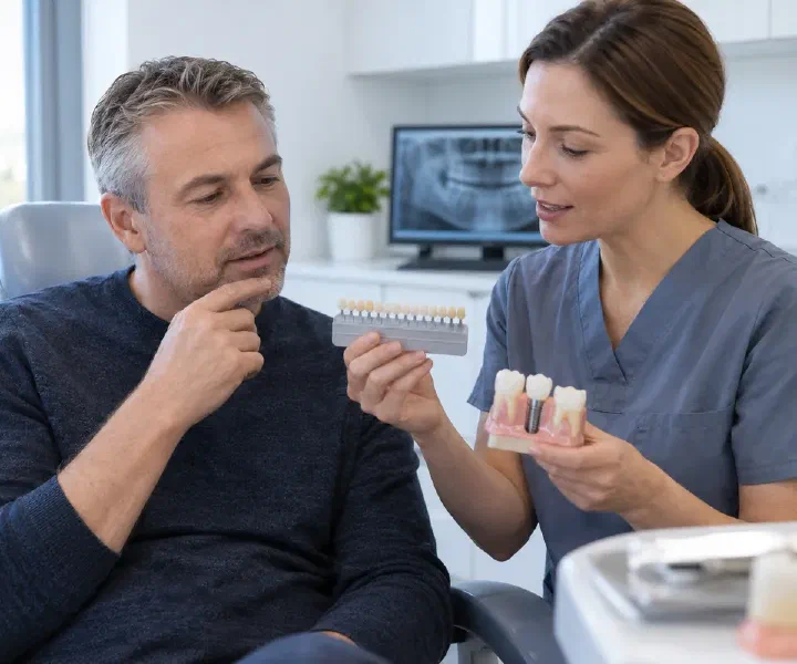 A dentist discussing an implant crown replacement with a patient