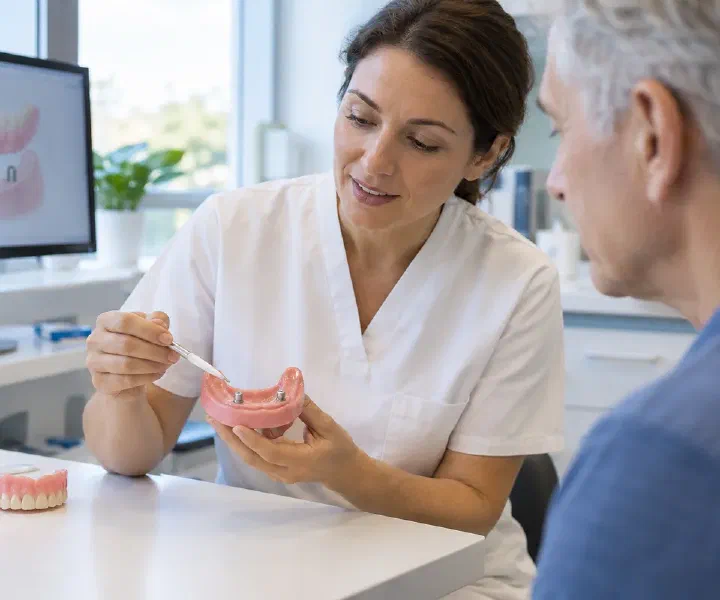 A clinician explaining implant denture attachment components to a patient