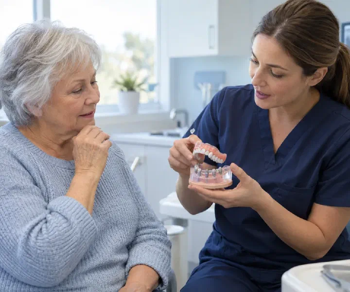 A patient learning maintenance of an implant-supported denture with a dental professional