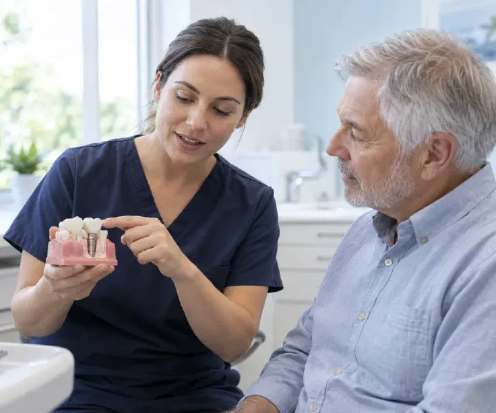 A dental professional explaining healthy gum care around an implant model