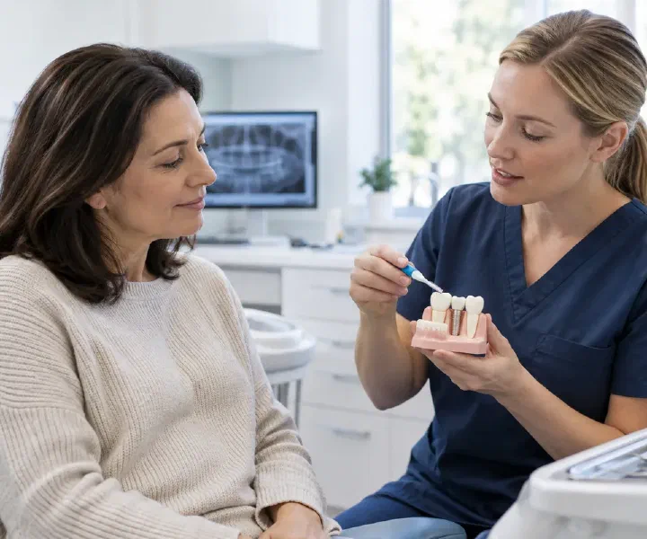 A patient discussing implant hygiene tools with a dental hygienist