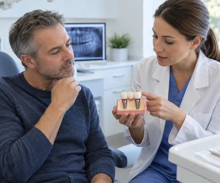 A dentist using an implant-supported bridge model during a patient consultation