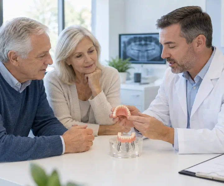 A patient comparing implant denture designs with a dentist using a model