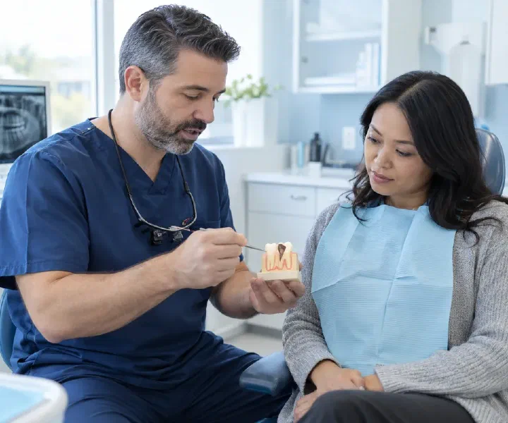 A dentist explaining removal and replacement considerations for an infected tooth