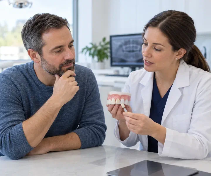A dentist discussing a single dark tooth with a patient using a tooth model and shade tab