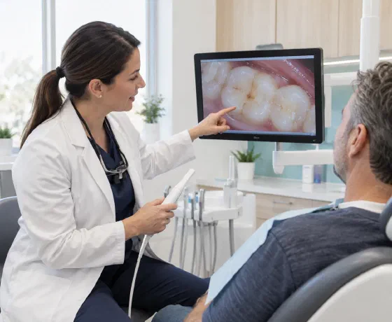 A dentist showing a patient a close-up photograph of molars