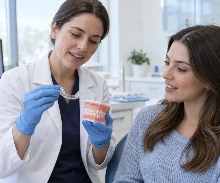 A dentist holding an aligner beside a dental model with tooth-coloured attachments