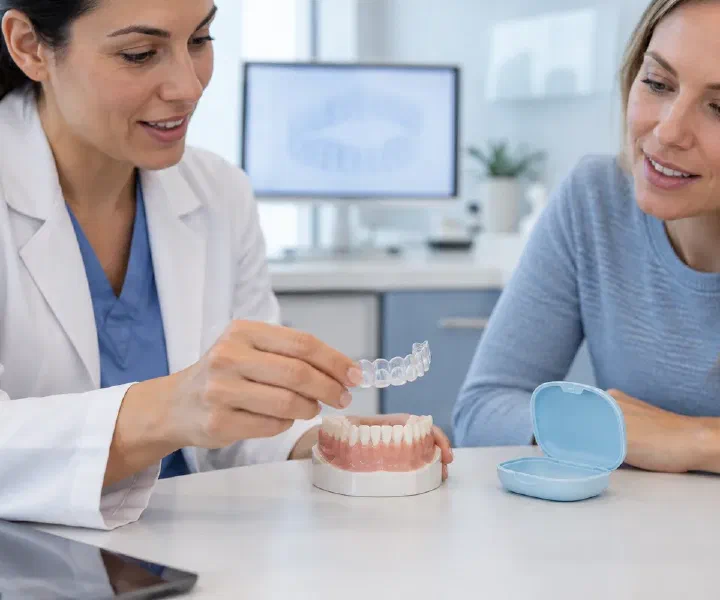 A clear aligner and dental model arranged beside a storage case
