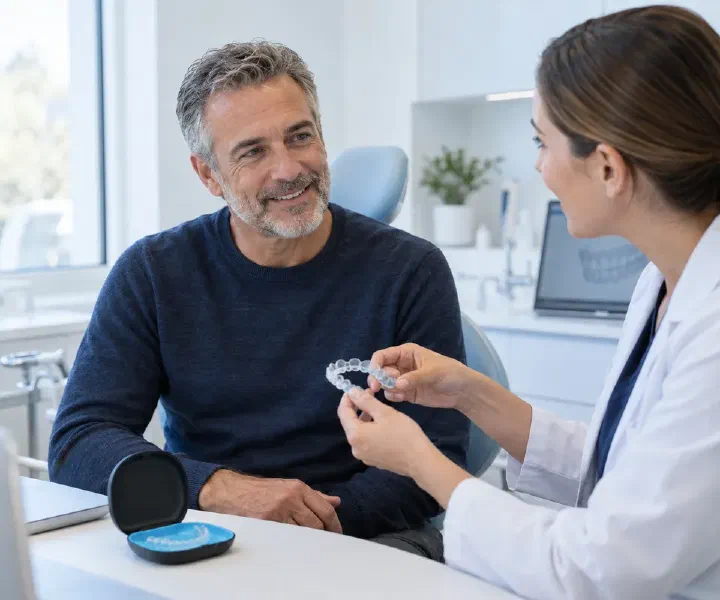 An adult patient discussing clear aligner treatment with a dentist