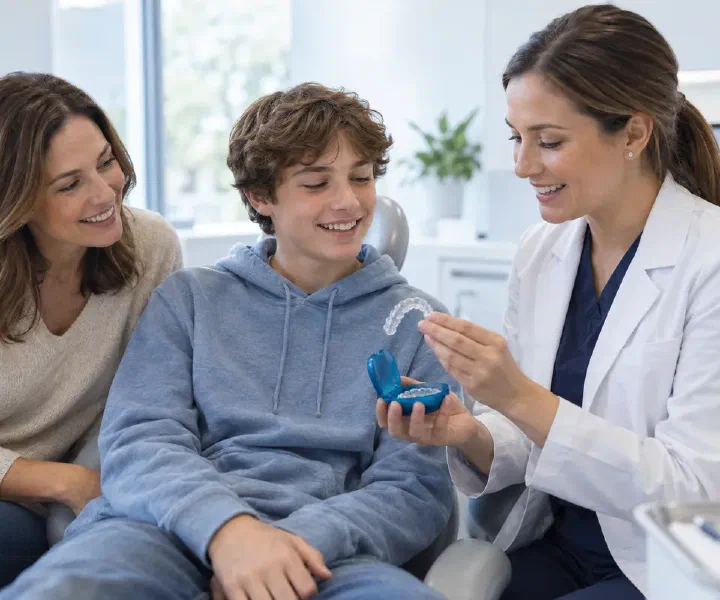 A teenager and parent discussing clear aligners with a dentist