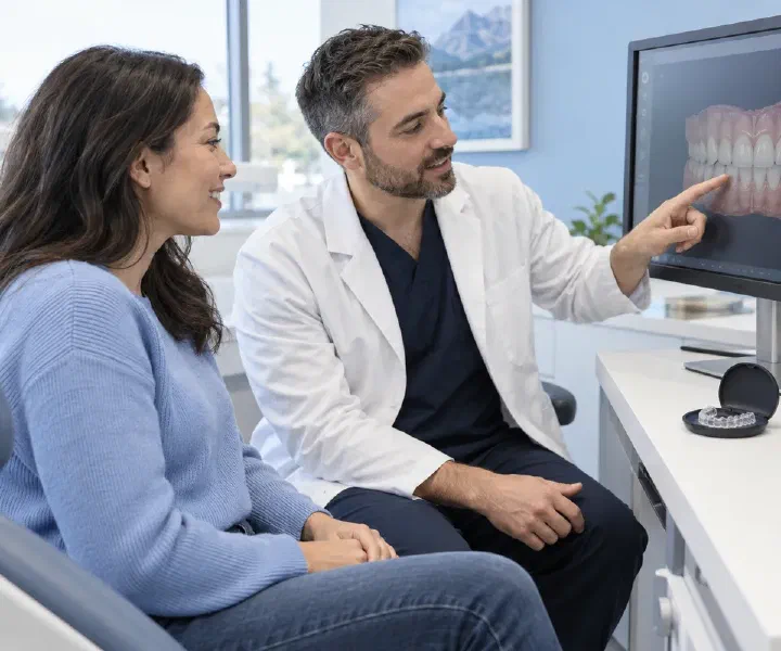 A dentist and adult patient reviewing aligner progress on a dental model