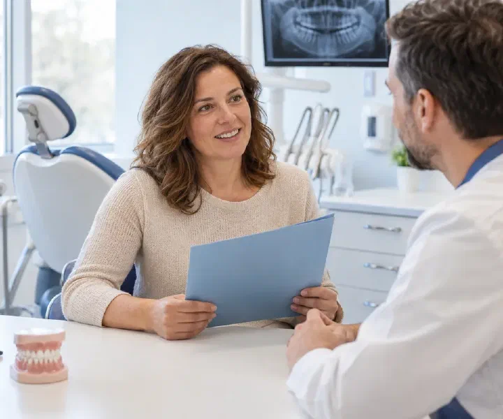A patient bringing dental records to a consultation with a dentist