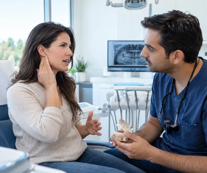 A patient describing a jaw click near the ear during a dental assessment