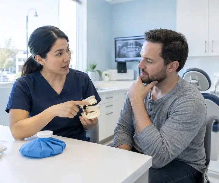 A clinician discussing conservative jaw care with a patient and a jaw model