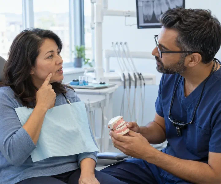 A dentist listening to a patient describe a single urgent dental concern