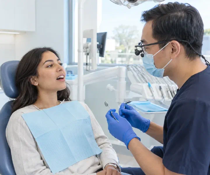 A dentist observing a patient demonstrate comfortable jaw opening during assessment