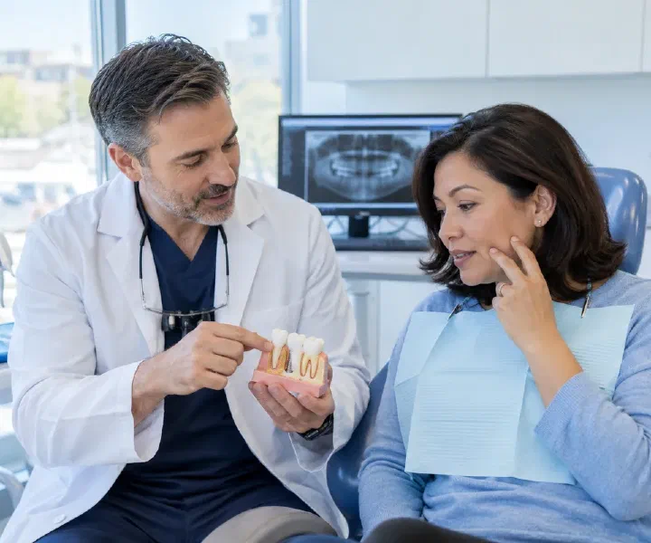 A dentist explaining natural tooth support to a patient concerned about mobility