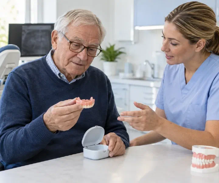 A dentist reviewing the fit of a removable denture with an older adult