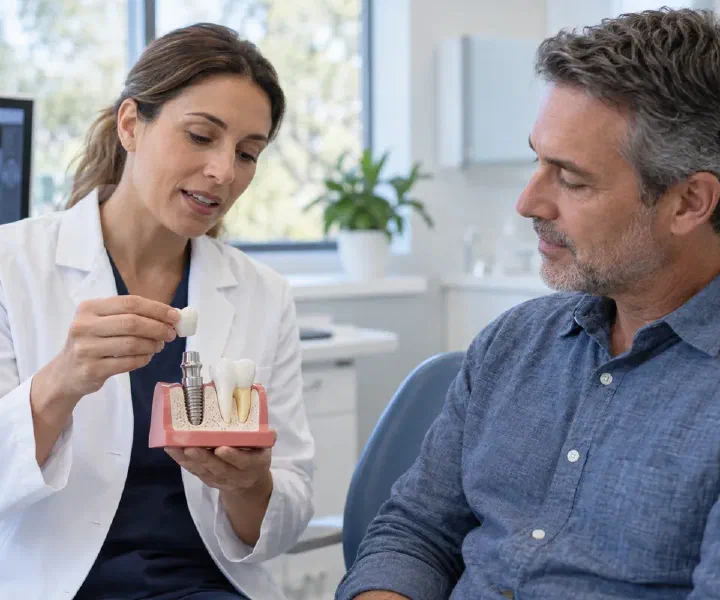A dentist explaining an implant crown connection using a dental model