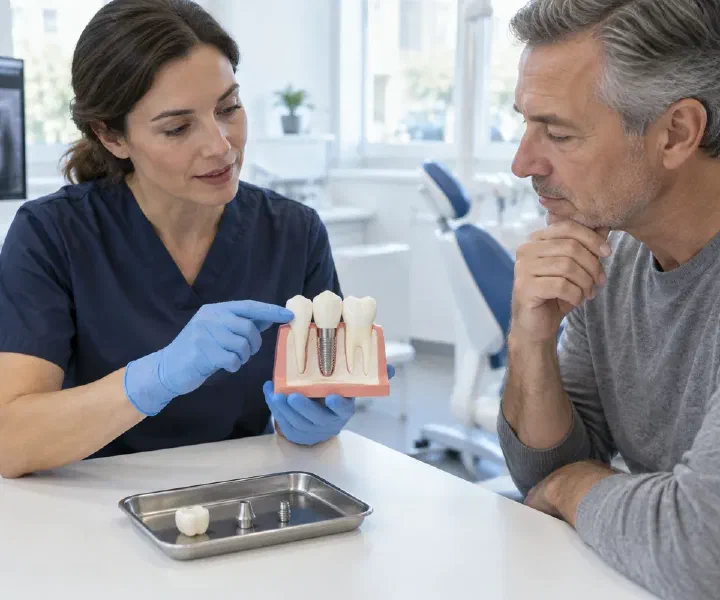A dental professional showing implant connection components during a consultation